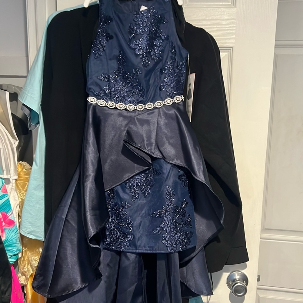 Rare Editions Navy Blue Beaded High-Low Flower Girl Dress